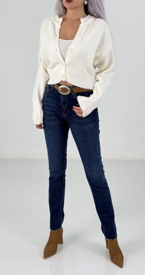 Lacivert Yüksek Bel Likralı Mom Fit Jean