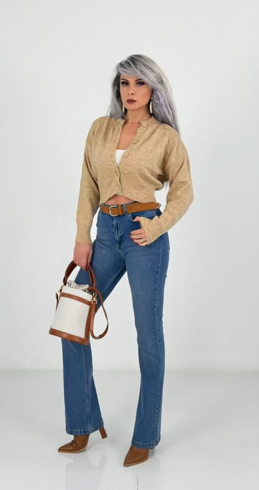 Mavi Yüksek Bel Likralı İspanyol Paça Jean