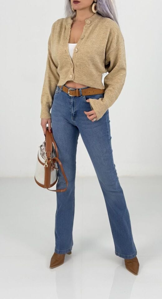 Mavi Yüksek Bel Likralı İspanyol Paça Jean