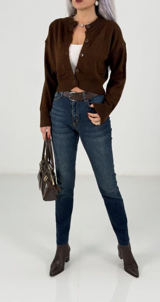 Koyu Yıkamalı Yüksek Bel Likralı Mom Fit Jean