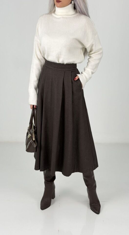 Kahve Yüksek Bel Kaşe Midi Etek