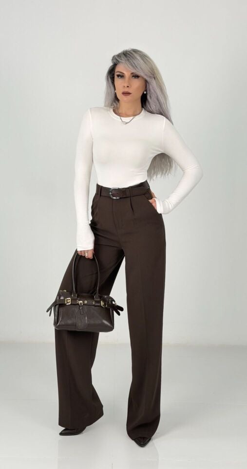 Kahve Yüksek Bel Bol Paça Pantolon