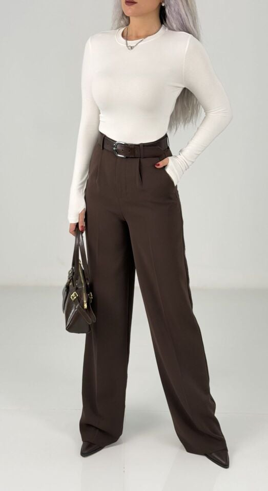 Kahve Yüksek Bel Bol Paça Pantolon