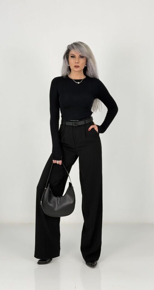 Siyah Yüksek Bel Bol Paça Pantolon