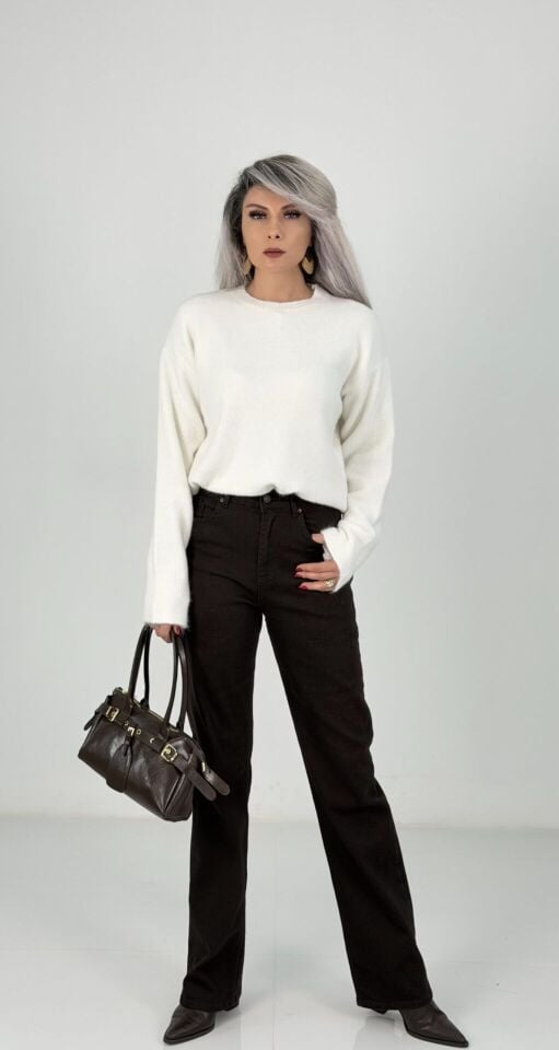 Kahve Yüksek Bel Likralı Flare Jean