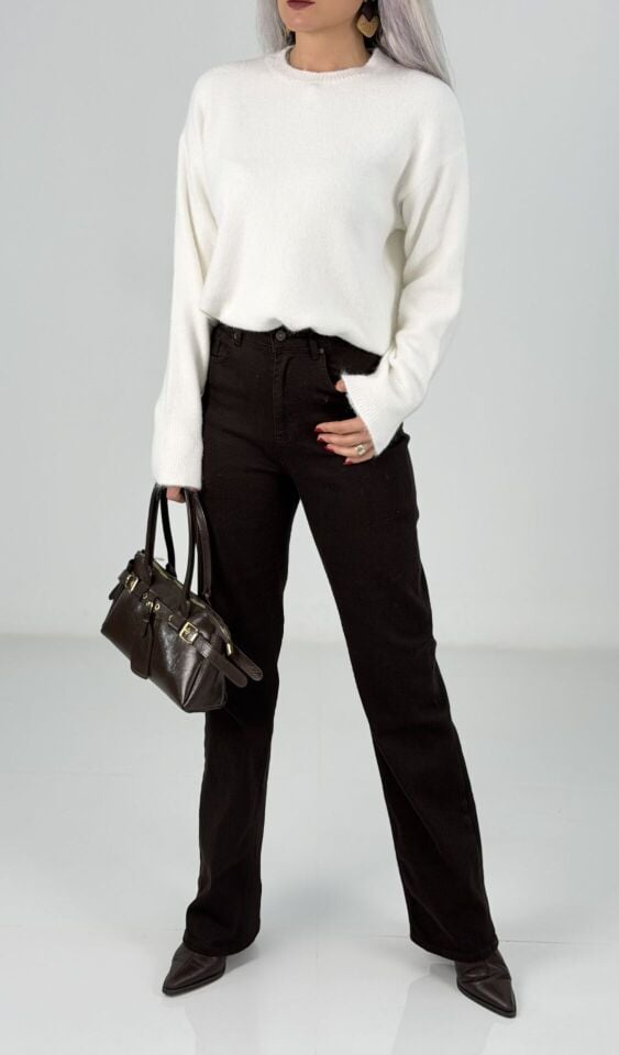 Kahve Yüksek Bel Likralı Flare Jean