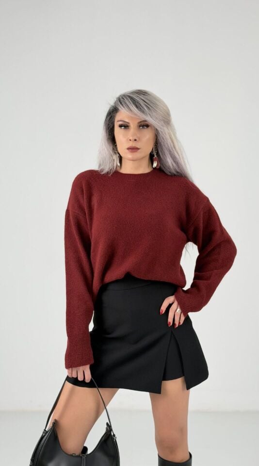 Bordo Bisiklet Yaka Yumoş Kazak