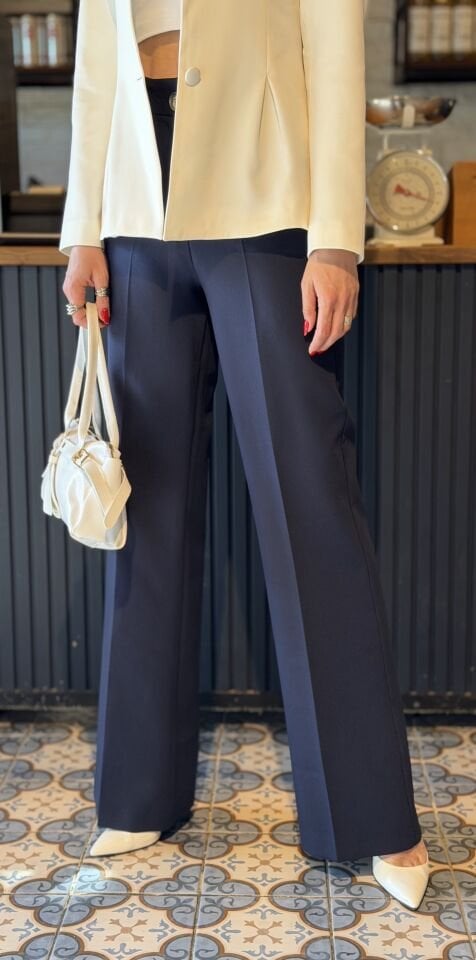 Lacivert Yüksek Bel Kemerli Bol Kumaş Pantolon