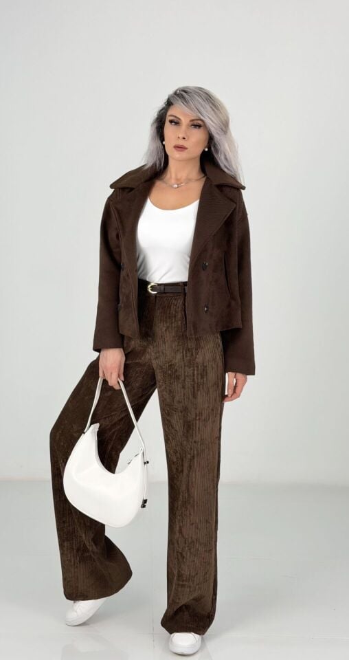 Kahve Kadife Fitilli Palazzo Pantolon