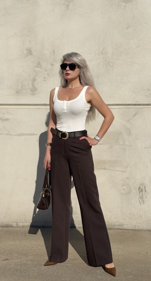 Kahverengi Kemerli Yüksek Bel Bol Kumaş Pantolon