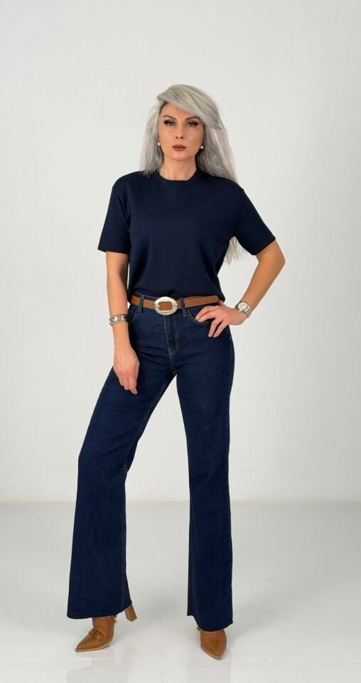 Lacivert Yüksek Bel Kesik Paça Likralı İspanyol Paça Jean
