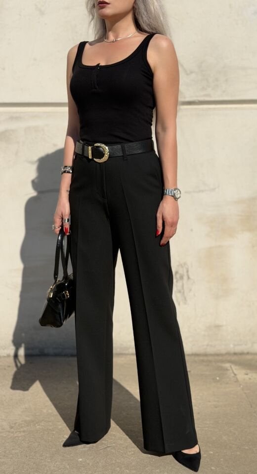 Siyah Yüksek Bel Kemerli Bol Kumaş Pantolon