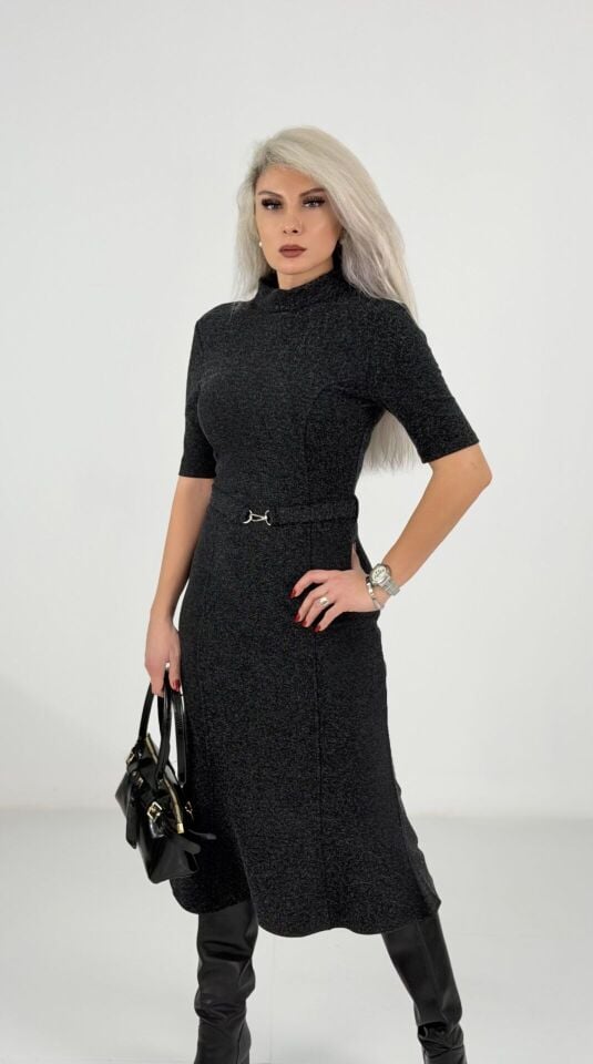 Antrasit Yarım Balıkçı Çelik Kumaş Midi Elbise
