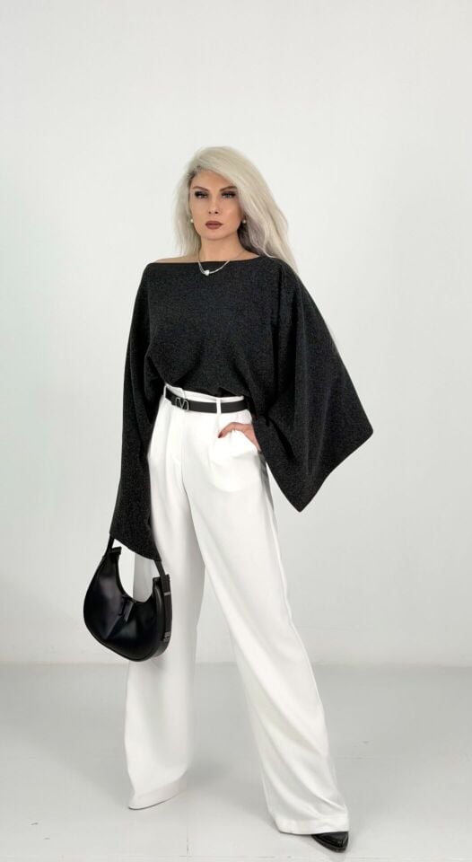 Beyaz Yüksek Bel Yumoş Kaşe Palazzo Pantolon