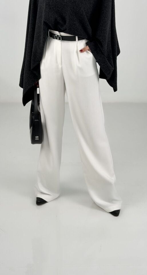 Beyaz Yüksek Bel Yumoş Kaşe Palazzo Pantolon