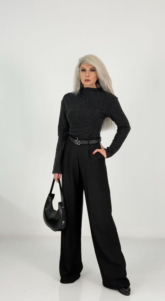 Siyah Yüksek Bel Kaşe Palazzo Pantolon