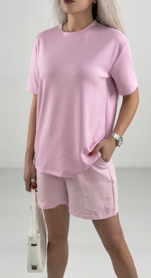 Pembe Bisiklet Yaka Scuba Kumaş Basic Thsirt