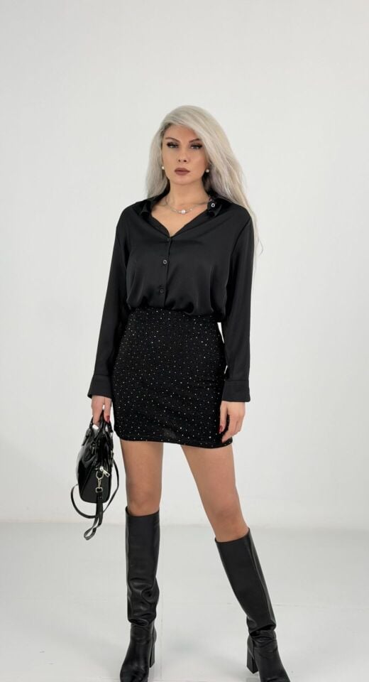 Siyah Taşlı Likralı Mini Etek