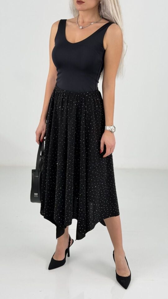 Siyah Taşlı Parçalı Likralı Midi Etek