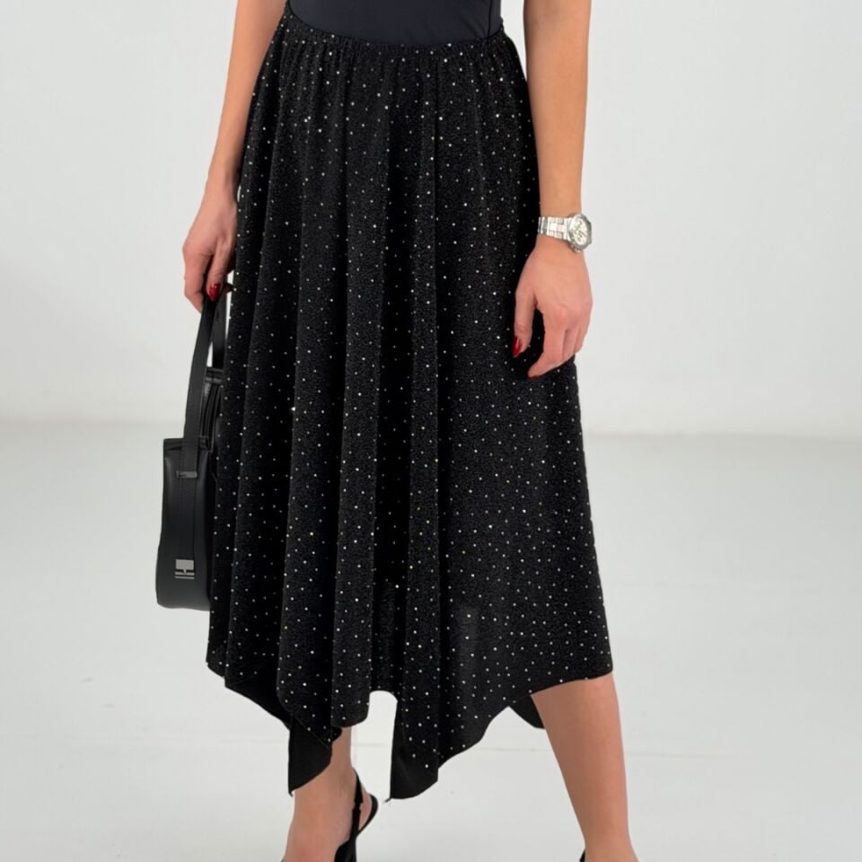 Siyah Taşlı Parçalı Likralı Midi Etek