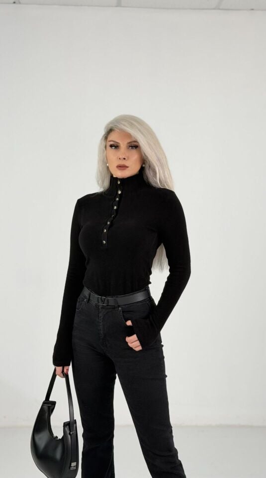 Siyah Çıt Çıtlı Kadife Fitilli Triko Bluz