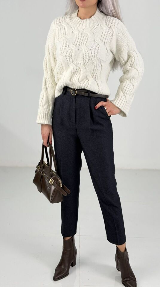 Lacivert Yüksek Bel Havuç Kesim Kaşe Kumaş Pantolon