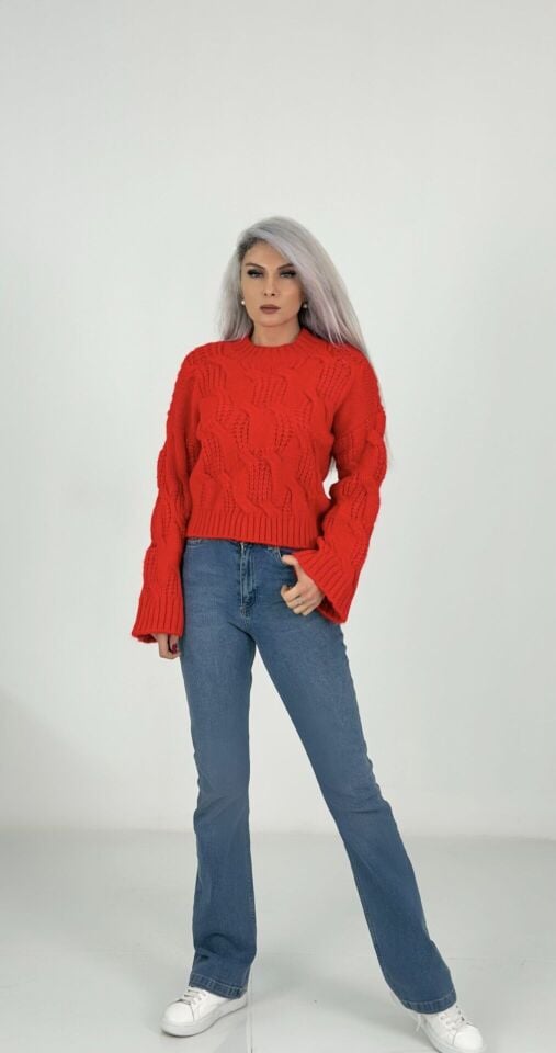 Mavi Yüksek Bel Likralı İspanyol Paça Jean