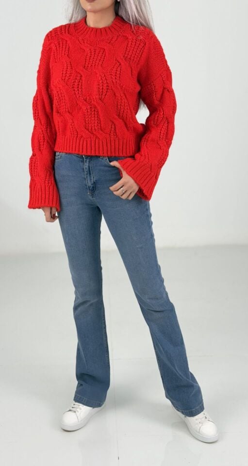 Mavi Yüksek Bel Likralı İspanyol Paça Jean