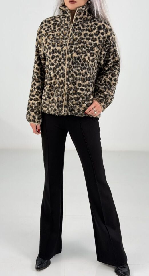 Leopar Desen Fermuarlı Peluş Ceket Mont