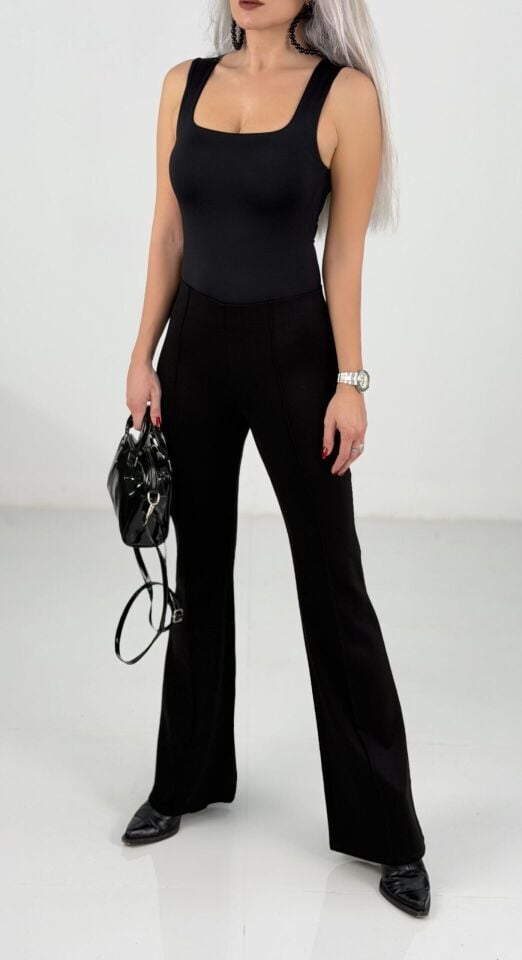 Siyah Likralı İspanyol Paça Tayt Pantolon