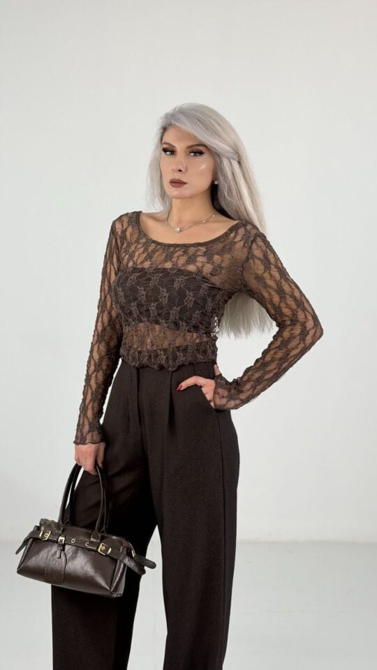 Kahve Dantel Transparan Bluz