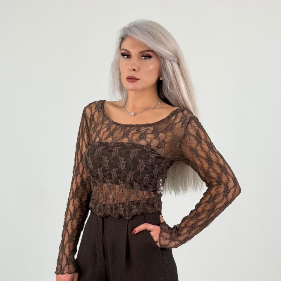 Kahve Dantel Transparan Bluz
