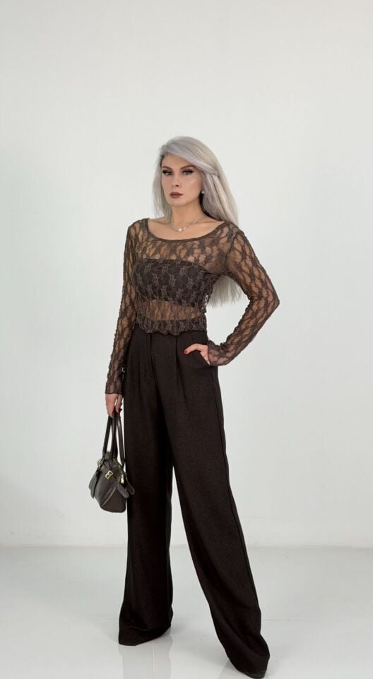 Kahve Yüksek Bel Kaşe Palazzo Pantolon