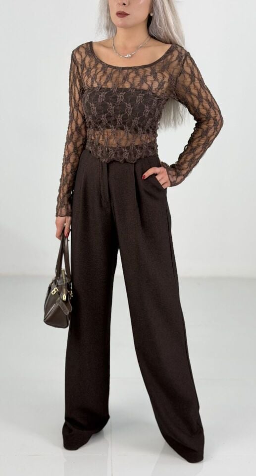 Kahve Yüksek Bel Kaşe Palazzo Pantolon