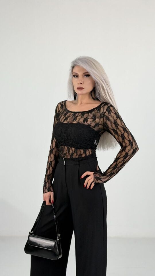 Siyah Dantel Likralı Transparan Bluz