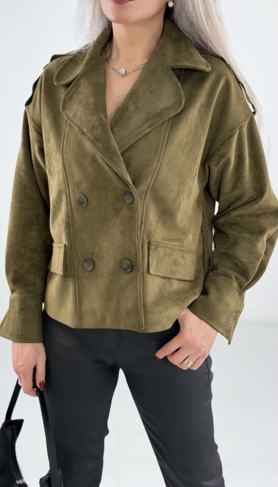 Haki Süet Oversize Ceket Mont