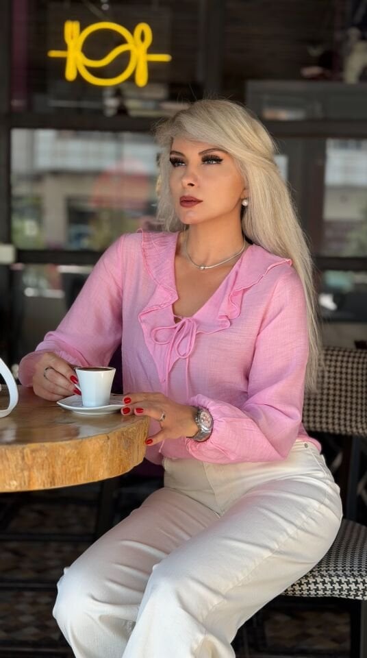 Pembe Fırfır Yaka Bağlamalı Pamuk Viskon Bluz