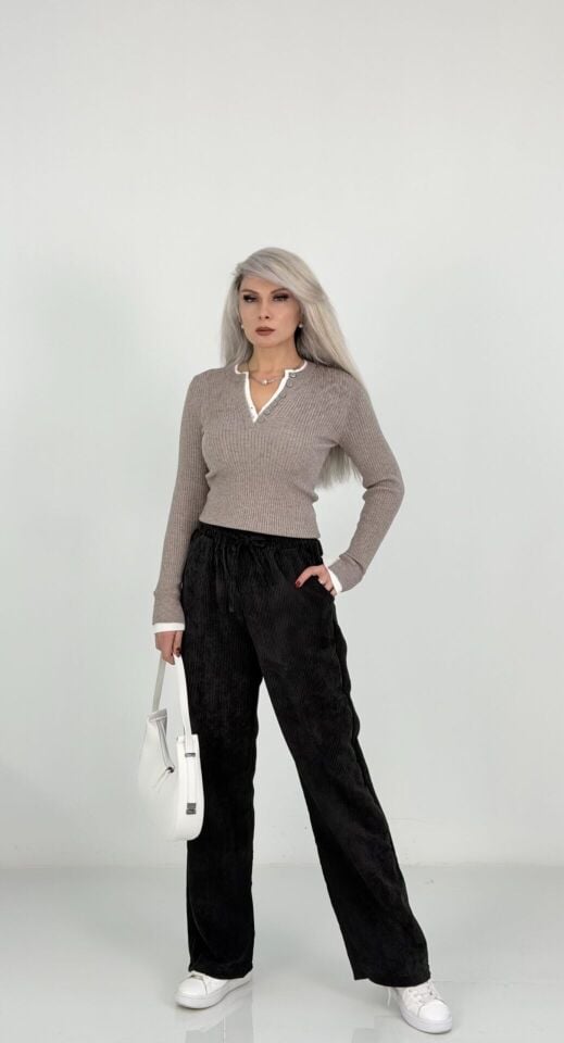 Siyah Beli Lastikli Kadife Bol Paça Pantolon