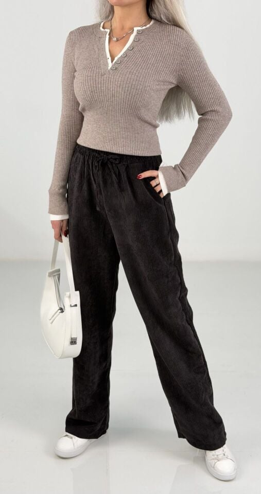 Siyah Beli Lastikli Kadife Bol Paça Pantolon