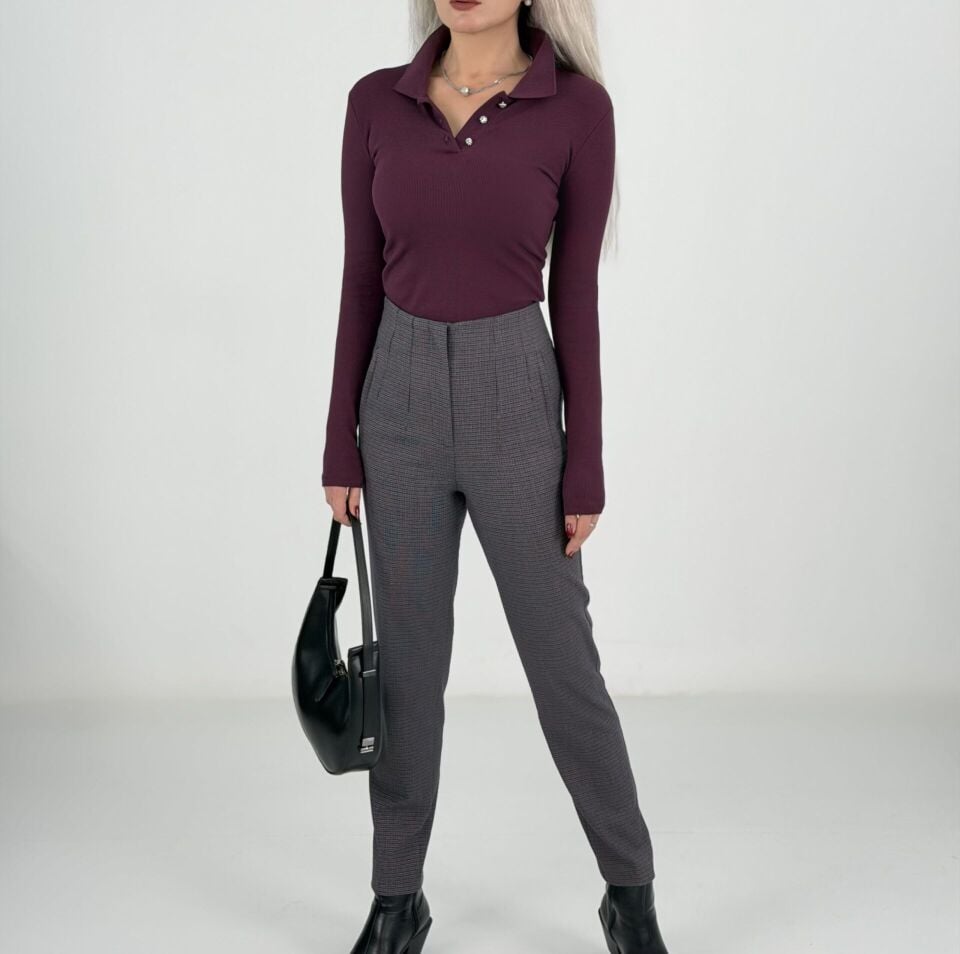 Bordo Taş Düğmeli Polo Yaka Fitilli Body