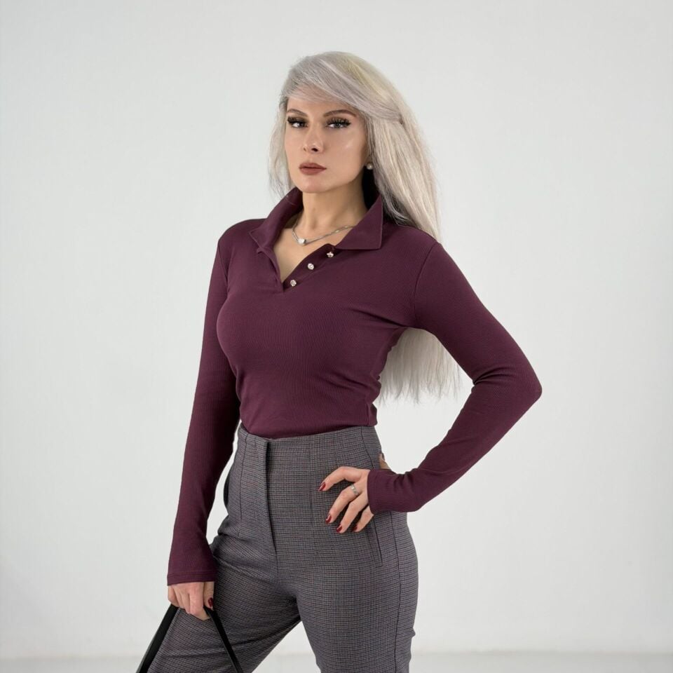 Bordo Taş Düğmeli Polo Yaka Fitilli Body