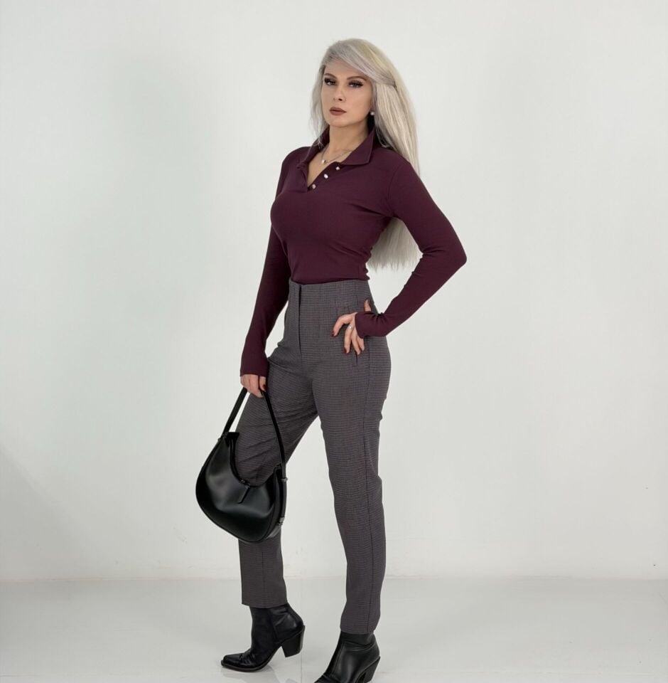 Gri Mini Ekose Desen Yüksek Bel Kalem Pantolon