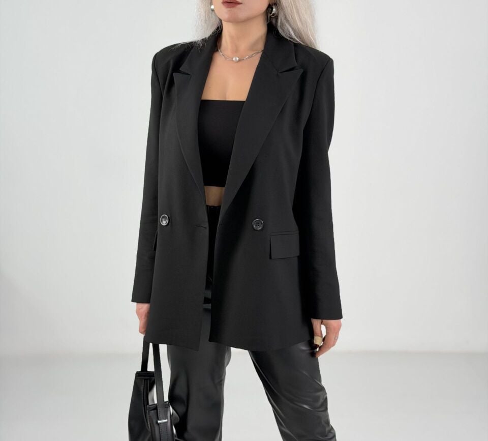 Siyah Oversize Kalıp Tek Düğme Ceket