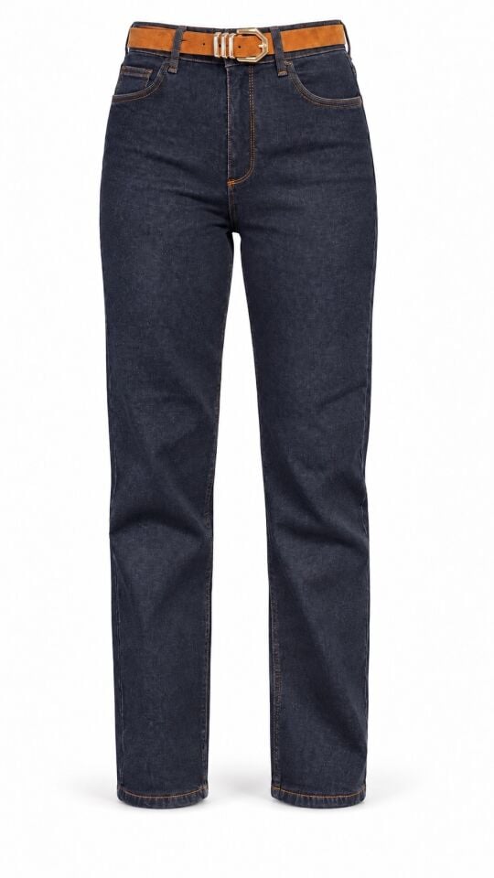 Lacivert Kemerli Mom Jean