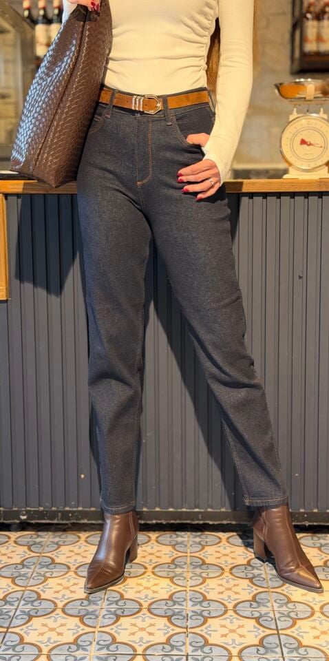 Lacivert Kemerli Mom Jean