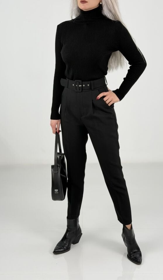 Kemerli Yüksek Bel Siyah Kumaş Pantolon