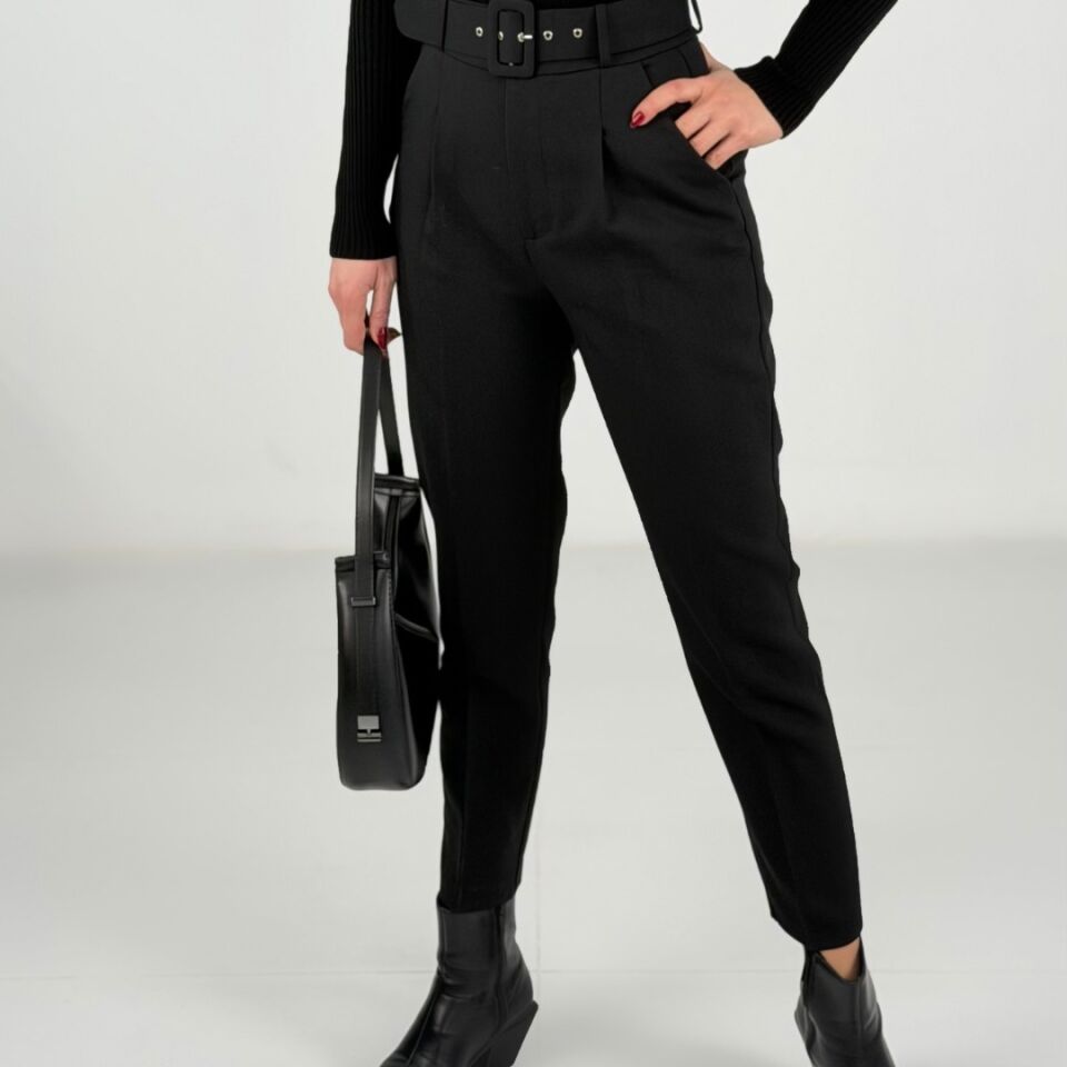 Kemerli Yüksek Bel Siyah Kumaş Pantolon