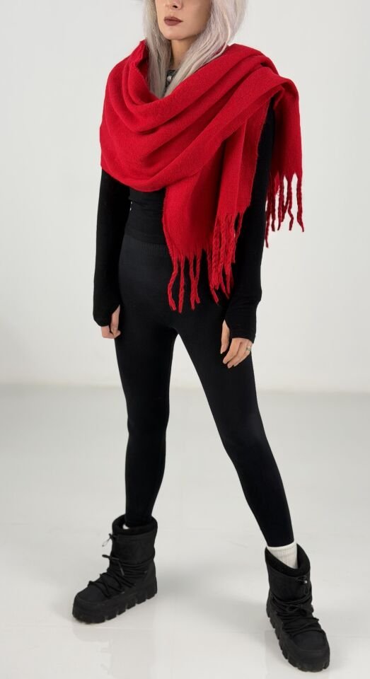 Kırmızı Püsküllü Kalın Dokulu Yumoş Kışlık Şal