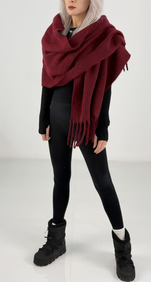 Bordo Püsküllü Kalın Dokulu Kışlık Yumoş Şal