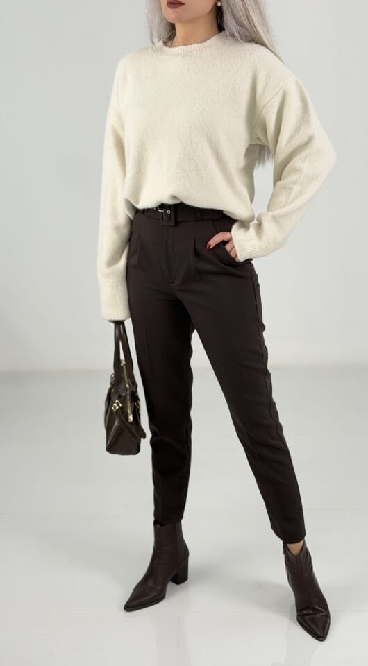 Kahverengi Yüksek Bel Kemerli Havuç Pantolon